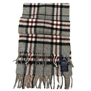 TiE RACK Gray/Red /Black Plaid 100% Lambswool Scarf, Fringe, Scotland made